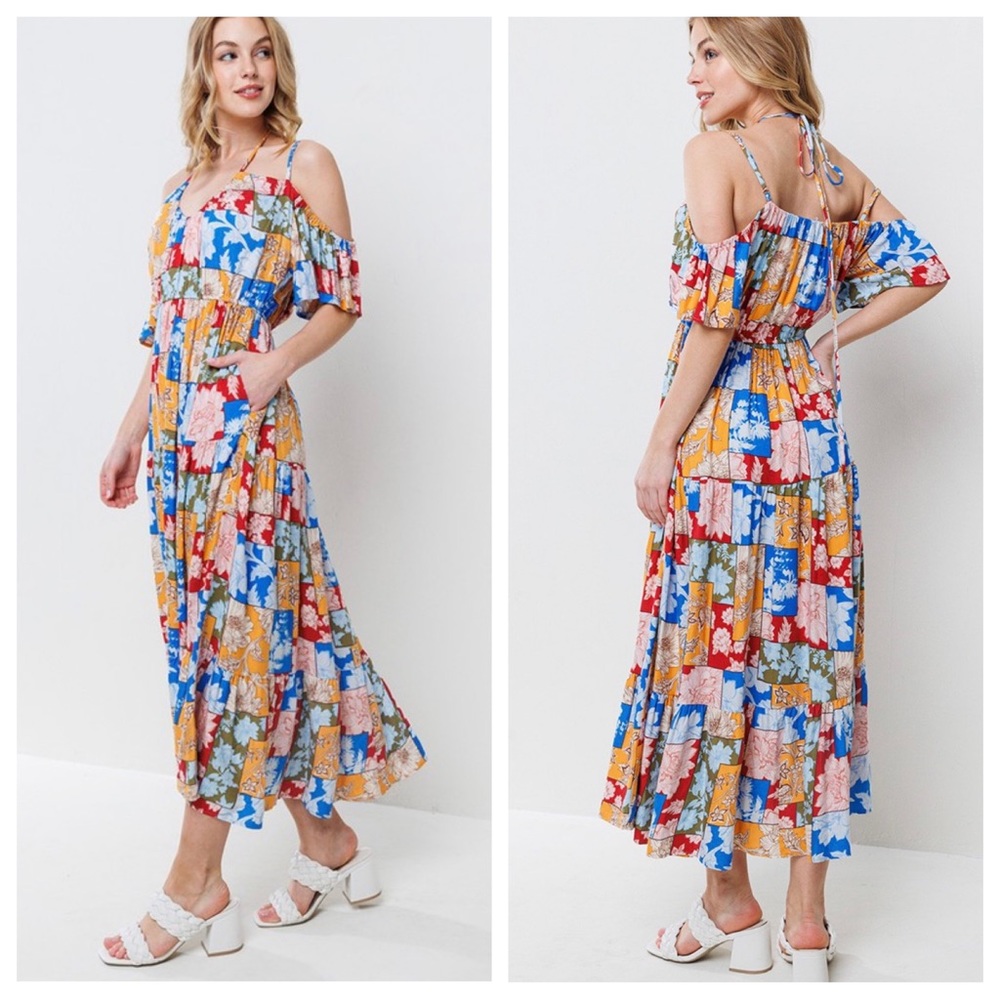 POSH LIVE START✨Boho Multi Color Off Shoulder Tiered Midi Dress
